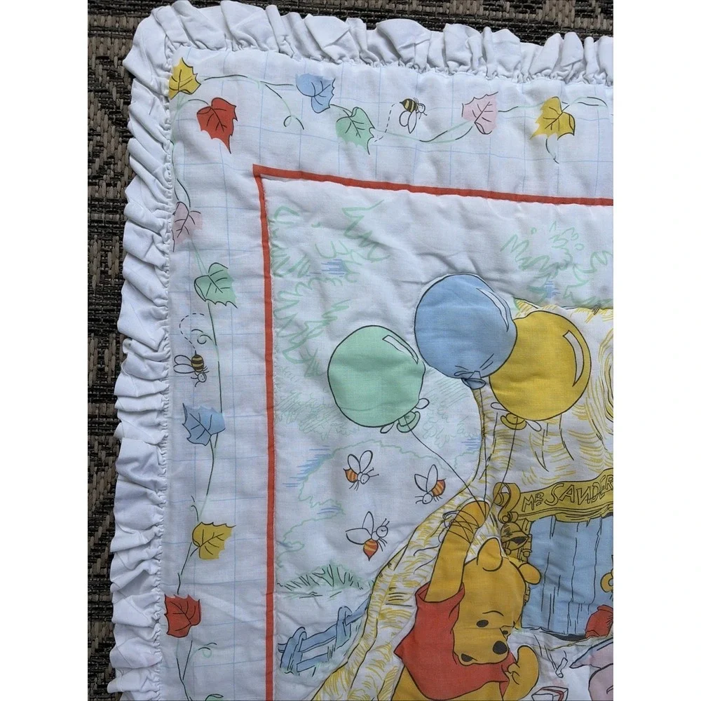 Vintage Winnie the Pooh Party Reversible Quilted Ruffle Trim Bed Crib Comforter